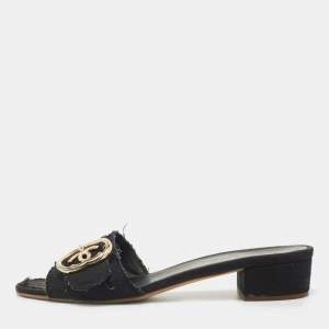 Chanel Black Canvas Logo Slides Size 41.5