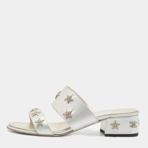 Chanel Silver Leather Embellished Slide Sandals Size 36