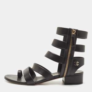 Chanel Black Leather Interlocking CC Logo Gladiator Sandals Size 38