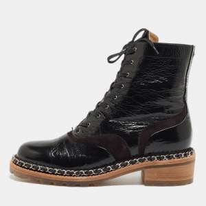 Chanel Black Patent Leather Chain Detail Lace Up Boots Size 42