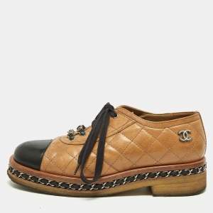 Chanel Tan/Black Quilted Leather Chain Embellished Cap Toe Oxfords Size 36.5