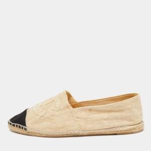 Chanel Beige/Black Canvas Interlocking CC Espradrille Flats Size 42