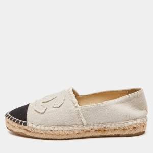 Pre Owned Chanel Off White/Black Canvas CC Cap Toe Espadrille Flats Size 37