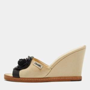 Chanel Cream/Black Canvas Camellia Embellished Wedge Slide Sandals Size 42