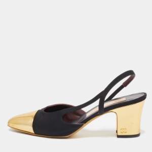 Chanel Black Canvas and Leather CC  Slingback Pumps Size 37