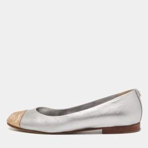 Pre Owned Chanel Metallic Gold/Silver Leather CC Cap Toe Ballet Flats Size 38