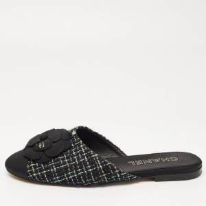 Chanel Multicolor Tweed and Canvas CC Camelia Flat Mules Size 41.5