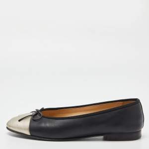 Chanel Black/Gold Leather CC Bow Ballet Flats Size 37.5