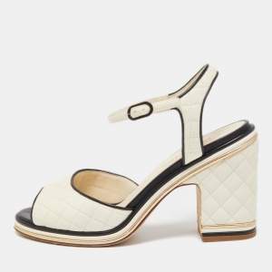 Chanel Cream Quilted Leather CC Ankle Strap Pumps Size 41