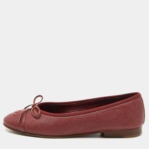 Chanel Maroon Caviar Leather CC Bow Ballet Flats Size 35.5