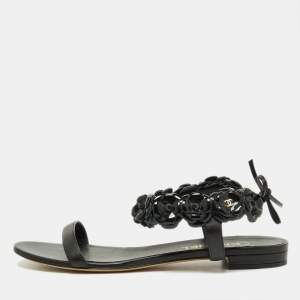 Chanel Black Leather Camellia Ankle Strap Flat Sandals Size 40.5