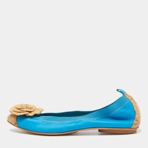 Pre Owned Chanel Blue/Beige Leather and Cork Cap Toe Camellia CC Ballet Flats Size 41