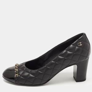 Chanel Black Quilted Leather CC Chain Cap Toe Pumps Size 38