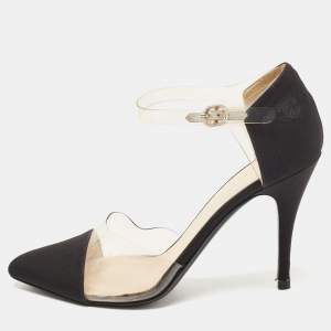 Pre Owned Chanel Black Fabric and PVC CC Ankle Strap Pumps Size 38