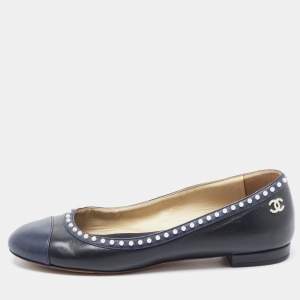 Chanel Black/Navy Blue Leather Pearl Trim CC Ballet Flats Size 38