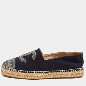Chanel Blue/Grey Wool CC Cap Toe Espadrille Flats Size 38