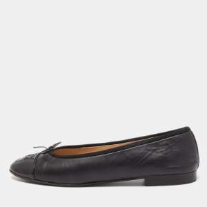 Chanel Black Leather Bow CC Cap Toe Ballet Flats Size 40