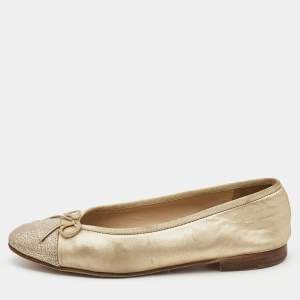 Chanel Gold Leather and Textured CC Cap Toe Bow Ballet Flats Size 37.5