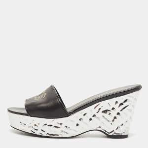 Chanel Black Leather Wedge Platform Slide Sandals Size 39