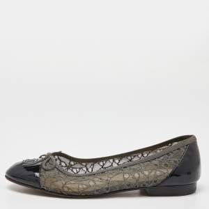 Chanel Grey/Black Lace and Patent Leather CC Cap Toe Ballet Flats Size 38.5
