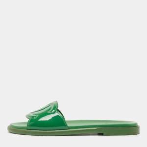 Chanel Green Patent Leather CC Flat Slides Size 40.5