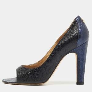 Chanel Black/Blue Crackled Leather Open Toe Pumps Size 37.5