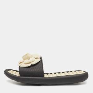 Chanel Black Rubber CC Camellia Flat Slides Size 36 