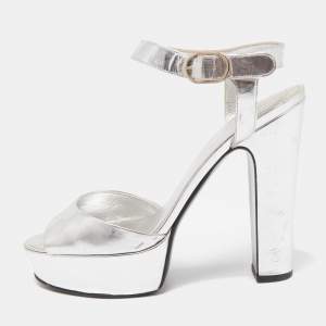 Chanel Silver Leather Platform Ankle Strap Sandals Size 40