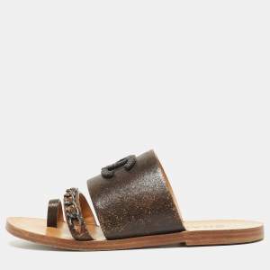 Chanel Brown Textured Leather Chain Link CC Toe Ring Slides Size 36