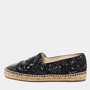 Pre Owned Chanel Black Sequins and Patent Leather CC Cap Toe Espadrille Flats Size 40