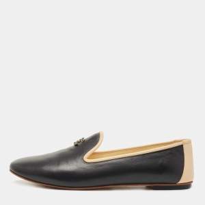 Pre Owned Chanel Black/Cream Leather CC Smoking Slippers Size 40