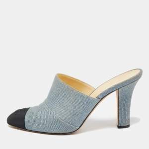 Chanel Blue/Black Denim CC Cap Toe Mules Size 38.5