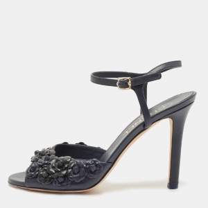 Chanel Navy Blue Leather Camellia Applique Ankle Strap Sandals Size 38
