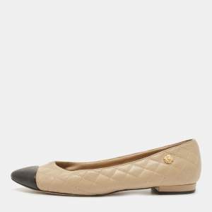 Chanel Beige/Black Quilted Leather Ballet Flats Size 38