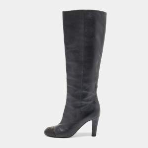 Chanel Navy Blue Leather Cap Toe Knee Length Boots Size 38.5