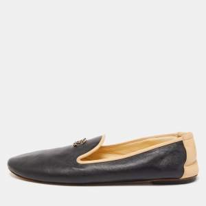 Chanel Black/Beige Leather CC Smoking Slippers Size 39.5