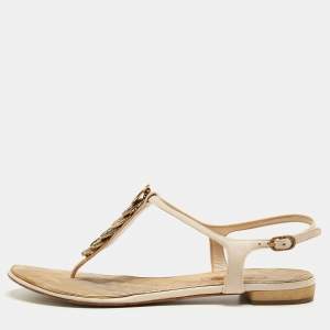 Chanel Beige Leather CC Coin Thong Strap Flat Sandals Size 39.5