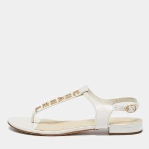 Chanel White Leather Logo T-Bar Flat Sandals Size 37.5