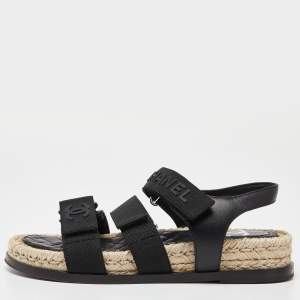 Chanel Black Leather and Grosgrain Velcro Dad Sandals Size 35