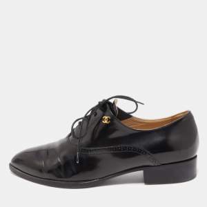 Chanel Black Leather Lace Up Oxfords Size 37.5