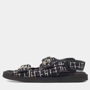 Pre Owned Chanel Black Tweed CC Dad Sandals Size 40