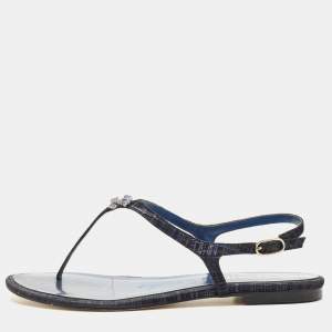 Chanel Navy Blue Texture Suede CC Thong  Flats Size 39