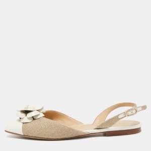 Chanel Beige/Cream Canvas and Patent Cap Toe CC Camelia Slingback Flats Size 36
