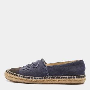 Pre Owned Chanel Navy Blue/Black Canvas CC Espadrille Flats Size 38