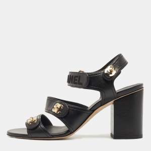 Pre Owned Chanel Black Leather Interlocking CC Sandals Size 38.5