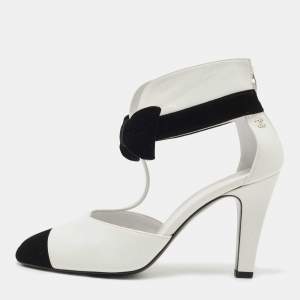 Chanel White/Black Leather And Velvet Cap Toe CC Bow Cut Out Ankle Boots Size 37.5