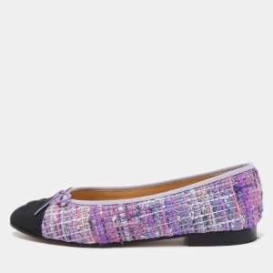 Pre Owned Chanel Multicolor Tweed and Canvas CC Ballet Flats Size 38