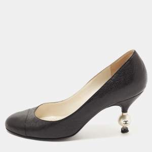 Chanel Black Leather CC Pearl Heel Cap Toe Pumps Size 38