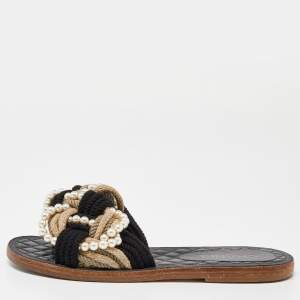 Chanel Black/White Braid Fabric Pearl Flat Slides Size  40
