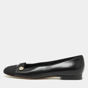 Chanel Black Leather and Canvas Pearl Detail Ballet Flats Size 41